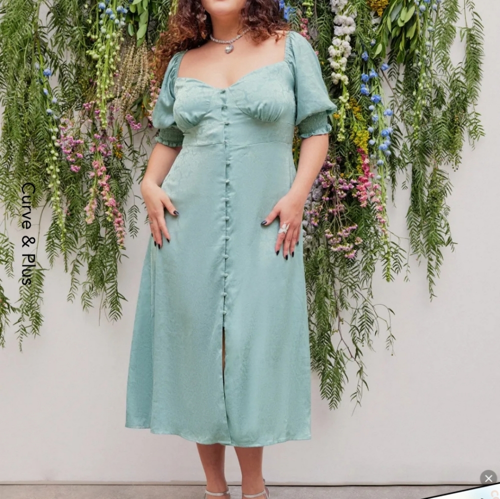 Floral Button Puff Sleeve Midi Dress